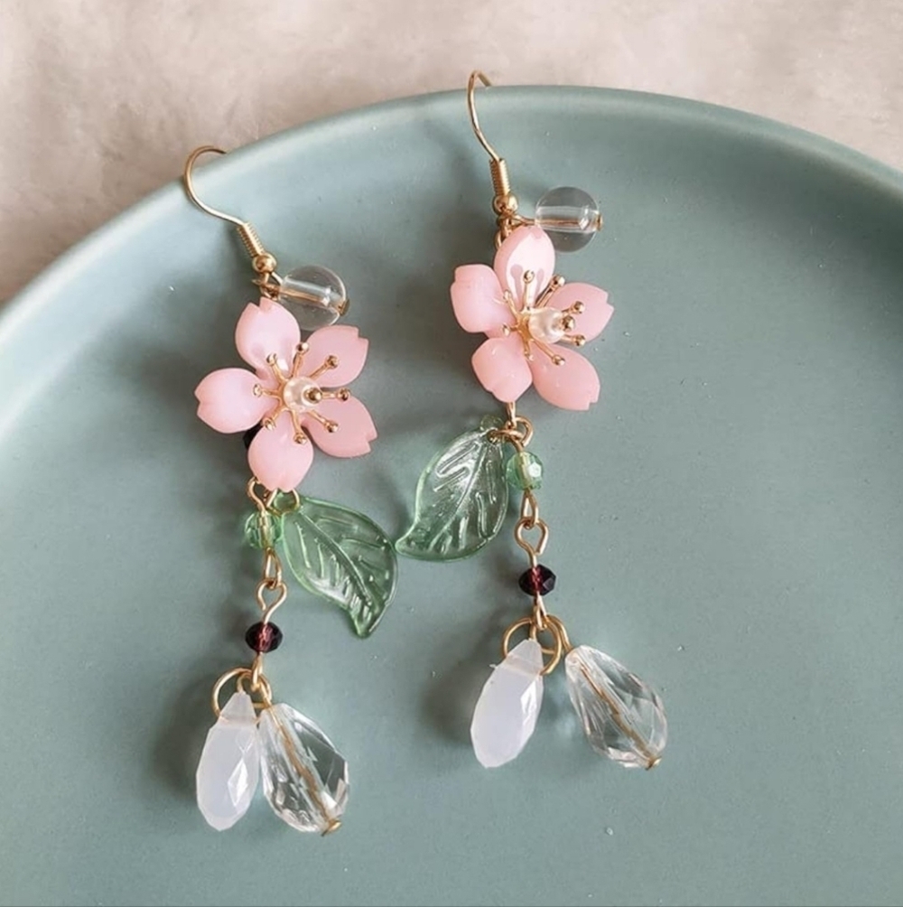 Women’s Jewelry Cute Elegant Floral Pink and Green Long Dangle Earrings